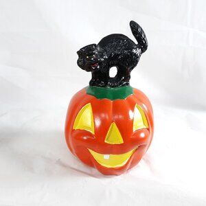 Vintage Halloween Black Cat On Pumpkin Ceramic Figurine